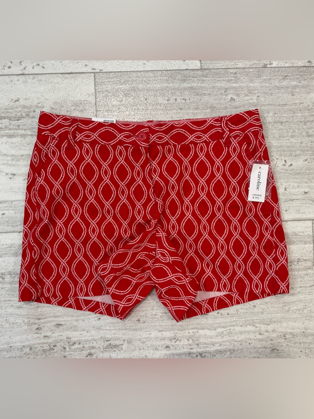Crown & Ivy Caroline Shorts Women’s Size 14 Red White Rope Print NWT 5” Inseam